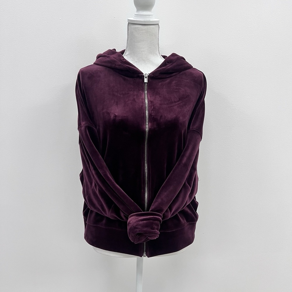 Burgundy/ Wine Velvet Velour Zip Up Hooded Jacket Size Medium By Express